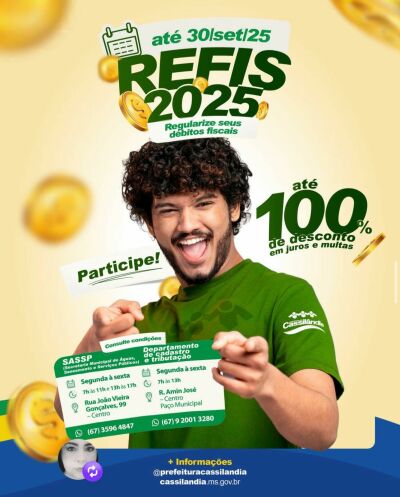 Imagem da notícia Prefeitura informa: Hoje é o último dia para contribuintes de Cassilândia aproveitarem o REFIS 2025